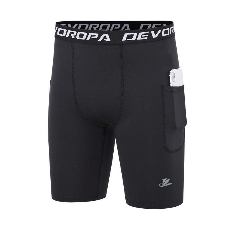 DEVOROPA Youth Boys' Compression Shorts Performance Athletic Base Layers Workout Training Underwear Side Pocket Black/Black S (Pack of 2) - Image 3
